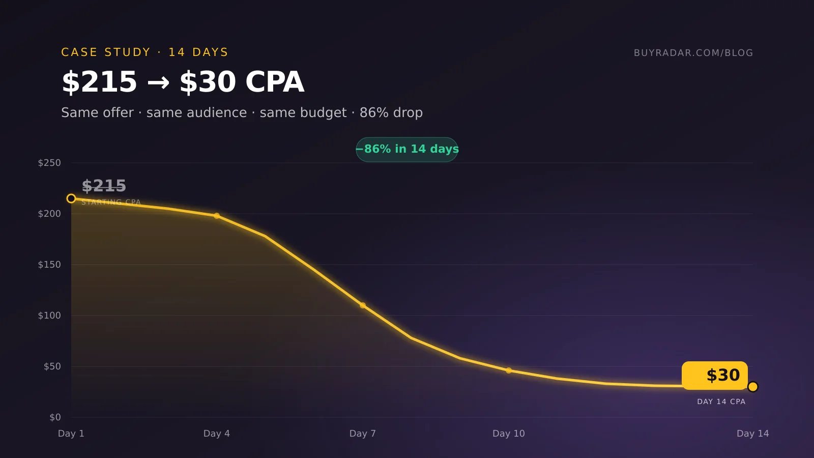 Meta Ads cost-per-acquisition chart showing the drop from $215 to $30 over 14 days, with the line plunging sharply between days 6 and 10.